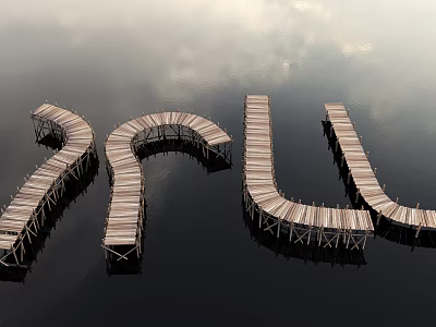 Wooden Boardwalk Structures With Curved And Straight Paths On Calm Water 3d model