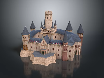 Medieval Castle Architecture With Stone Towers Spires And Gray Roof Design 3d model