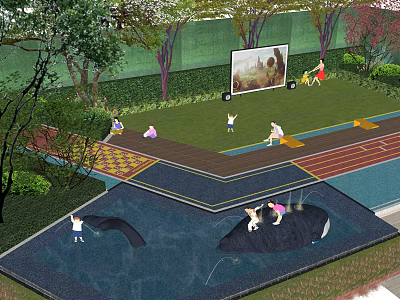 Kids Playground with Green Lawn Trees Slides Water Pool and Rock Features for Children Playing 3d model