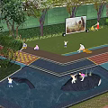 Kids Playground with Green Lawn Trees Slides Water Pool and Rock Features for Children Playing