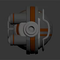 Mechanical Device With Orange Stripes Circular Metallic Components And Transparent Section