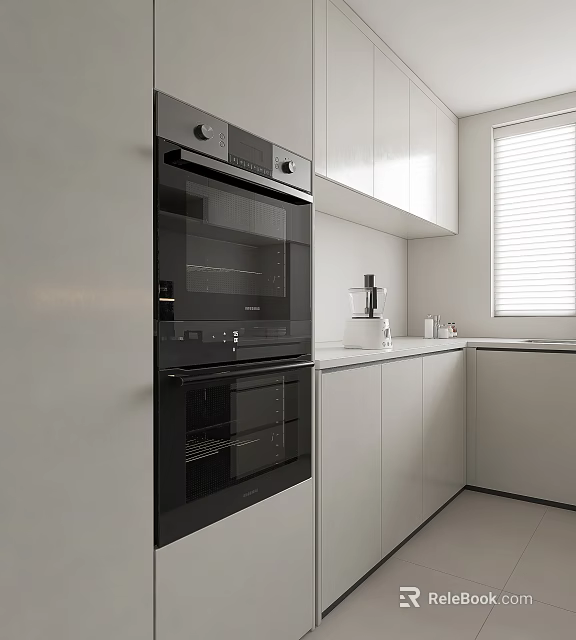 Sleek Modern Kitchen With White Cabinets Built-in BOSCH Oven And Coffee Maker Appliances 3d model 