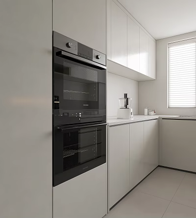 Sleek Modern Kitchen With White Cabinets Built-in BOSCH Oven And Coffee Maker Appliances 3d model