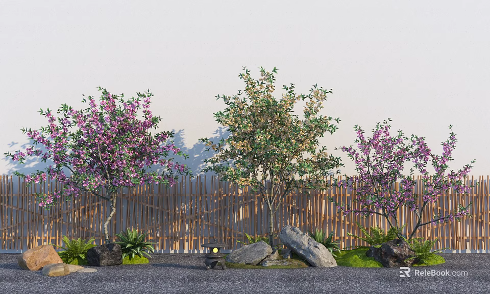 Flowering Arbor Trees Garden Landscape Design with Bamboo Fence Stones Small Lamp and Green Plants 3d model 