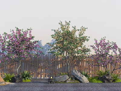 Flowering Arbor Trees Garden Landscape Design with Bamboo Fence Stones Small Lamp and Green Plants 3d model