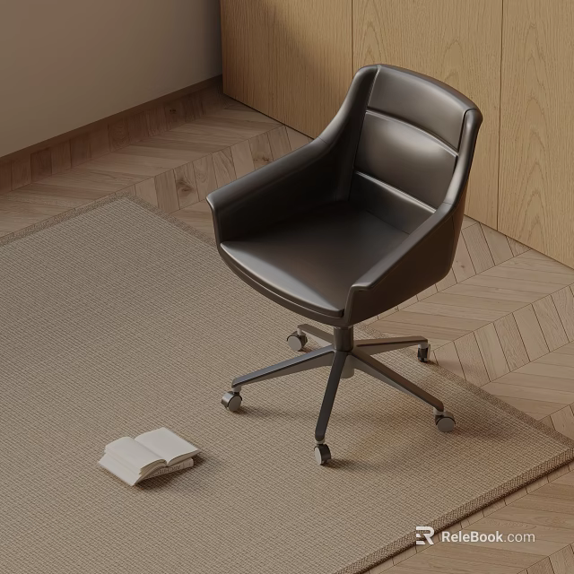 Modern Black Leather Office Chair With Armrests Metal Base And Wheels On Carpet 3d model 