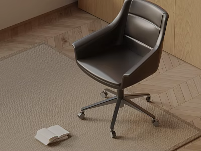 Modern Black Leather Office Chair With Armrests Metal Base And Wheels On Carpet 3d model