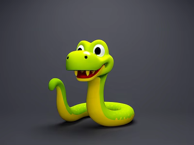 Green And Yellow Cartoon Snake With Big Eyes Open Mouth Showing Teeth On Gray Background 3d model