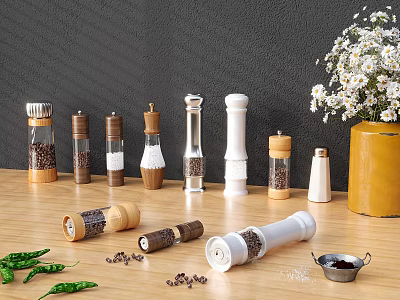 Wooden White Spice Bottles With Pepper Salt On Kitchen Table Chili Peppers Flowers 3d model