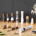 Wooden White Spice Bottles With Pepper Salt On Kitchen Table Chili Peppers Flowers