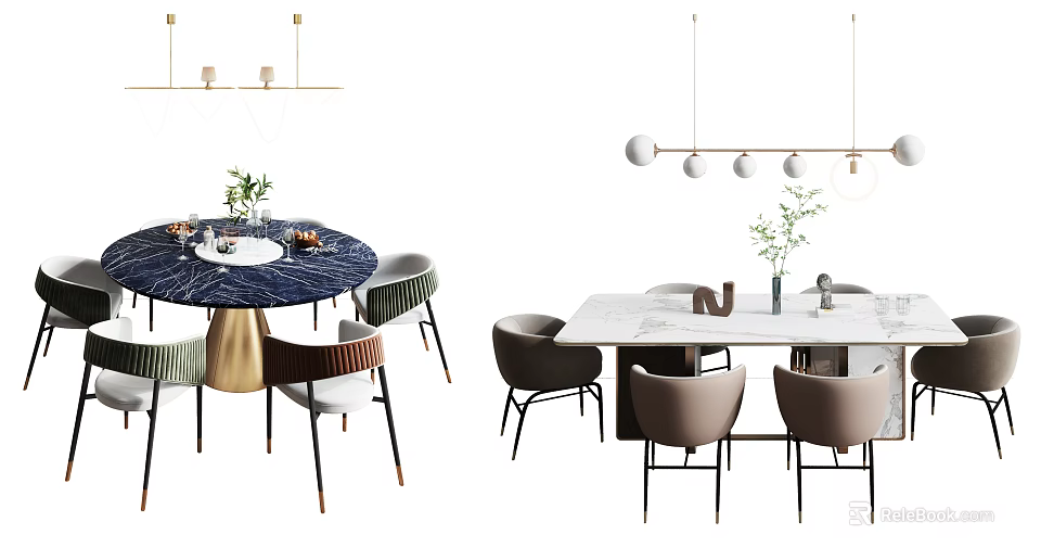 Modern Dining Table Set With Round Rectangular Tables Matching Chairs Hanging Pendant Lights And Plants 3d model