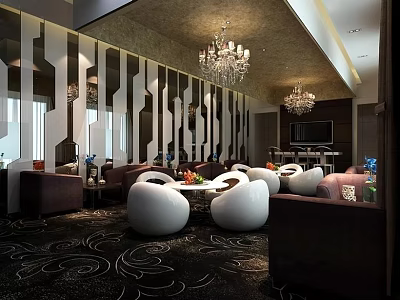 Stylish Café Interior Design With Chandelier Sofas Decorative Wall And Patterned Carpet 3d model