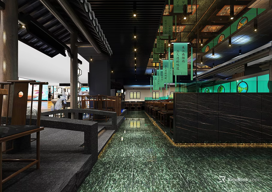 Traditional Chinese Restaurant Interior Design With Green Lanterns Wooden Tables And Stone Floor 3d model 