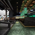 Traditional Chinese Restaurant Interior Design With Green Lanterns Wooden Tables And Stone Floor