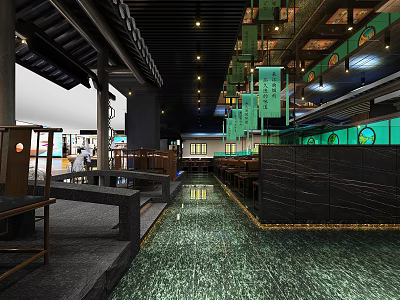 Traditional Chinese Restaurant Interior Design With Green Lanterns Wooden Tables And Stone Floor 3d model