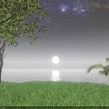 Serene Night Landscape With Full Moon Milky Way Ocean Reflection Green Grass And Palm Trees