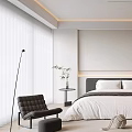 Modern Bedroom Interior Design With White Bedding Black Headboard Floor Lamp And Glass Wardrobe