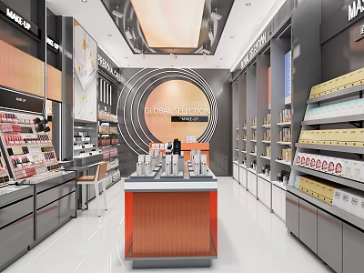 Cosmetics Store Interior Design With Modern Stylish Shelves Display Cabinets Lighting And Orange Counter 3d model