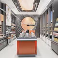 Cosmetics Store Interior Design With Modern Stylish Shelves Display Cabinets Lighting And Orange Counter