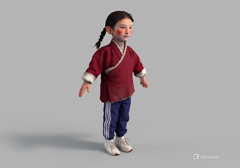 Young Girl Wearing Red Traditional Outfit With Braided Hair Blue Pants And White Sneakers 3d model 