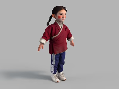 Young Girl Wearing Red Traditional Outfit With Braided Hair Blue Pants And White Sneakers 3d model