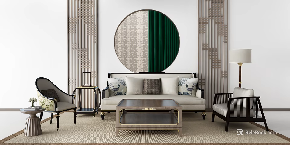 Stylish Sofa and Coffee Table Set with Circular Green Beige Wall Decor Vertical Striped Screens 3d model 