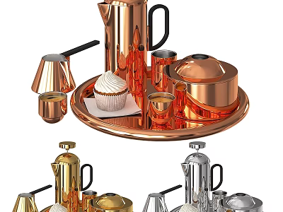 Elegant Copper Kitchenware Set With Kettle Tray Mugs And Cupcake 3d model
