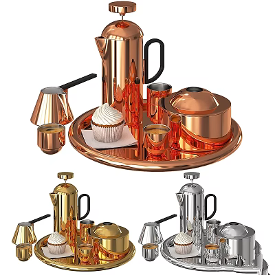 Elegant Copper Kitchenware Set With Kettle Tray Mugs And Cupcake 3d model