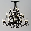 Vintage Chandelier Design With Black Metal Frame Glass Shades And Lit Bulbs