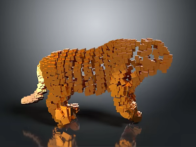 Artisan Crafted Golden Cubes Form 3D Tiger Sculpture With Reflective Surface 3d model