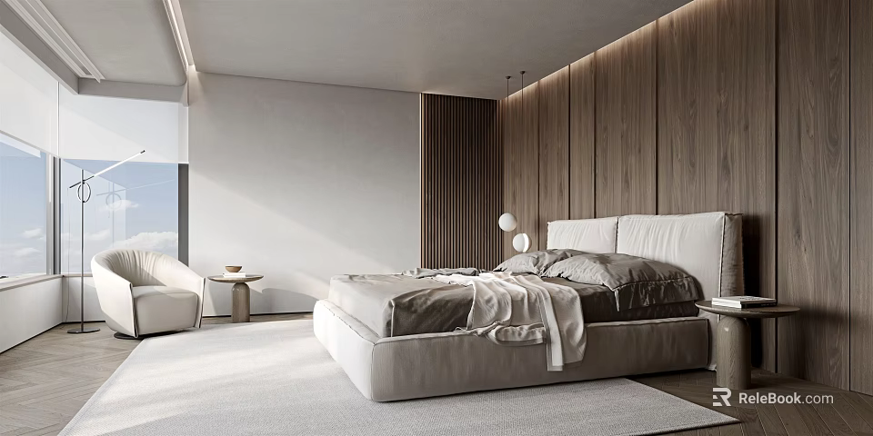 Modern Bedroom Interior Design With Plush Bed Wooden Panel Walls And Soft Lighting 3d model 