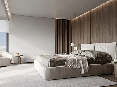 Modern Bedroom Interior Design With Plush Bed Wooden Panel Walls And Soft Lighting 3d model