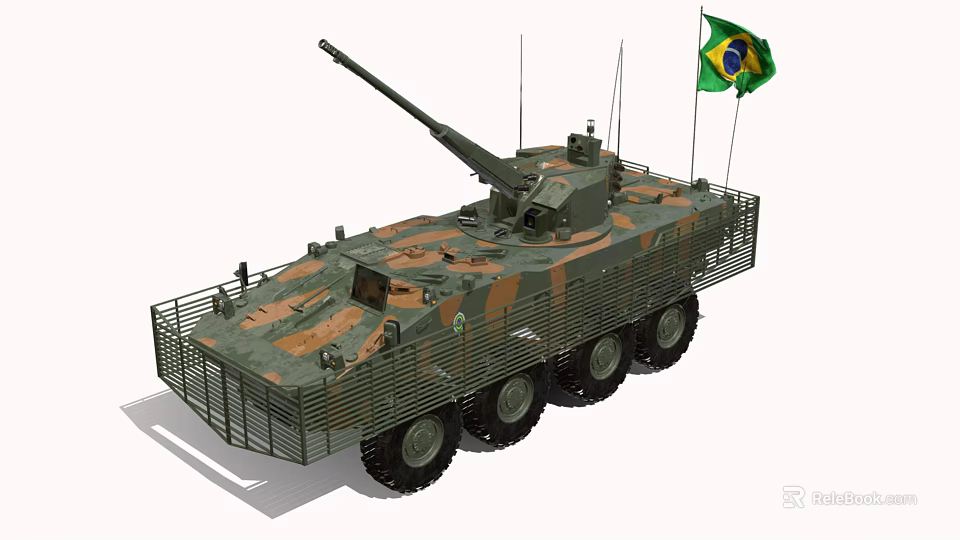 Brazilian Wheeled Tank with Camouflage Paint Cannon and National Flag 3d model 