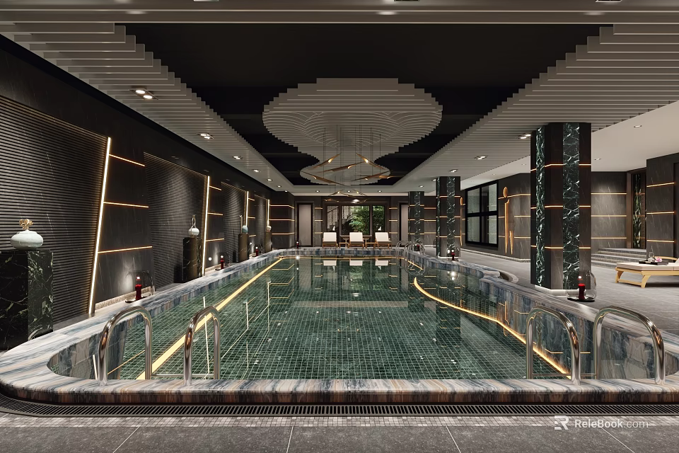 Elegant Indoor Swimming Pool With Marble Tiles Lighting Columns And Handrails Design 3d model 