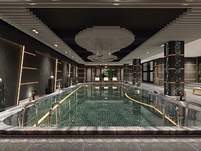 Elegant Indoor Swimming Pool With Marble Tiles Lighting Columns And Handrails Design 3d model