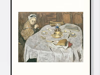 Portrait Painting of Elderly Woman Sitting at Dining Table With Tea Set and Food Items 3d model