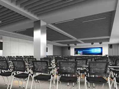 Spacious Modern Conference Room With Neatly Arranged Black Chairs Large Screen And Ceiling Grille Design 3d model