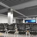 Spacious Modern Conference Room With Neatly Arranged Black Chairs Large Screen And Ceiling Grille Design
