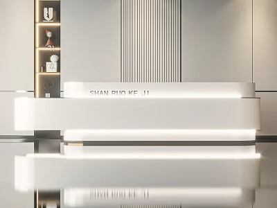 Modern Reception Desk With White Counter Lighting And Decorative Shelf Background 3d model