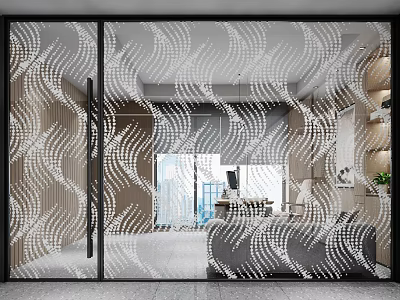 Glass Sliding Doors With White Wavy Patterns In Modern Interior Space With Sofa And Desk 3d model