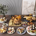 Delicious Assorted Baked Goods with Bread Cake Pastries Desserts on Wooden Table and Fresh Fruits