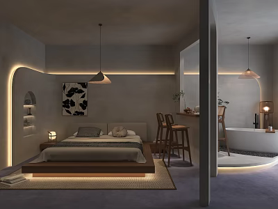Modern Minimalist Apartment Interior With Bed Artwork Bar Counter And Bathtub 3d model
