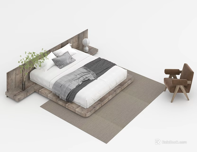 Double Bed with Wooden Headboard White Sheets Gray Blanket Pillows Lamp Plant on Gray Rug 3d model 