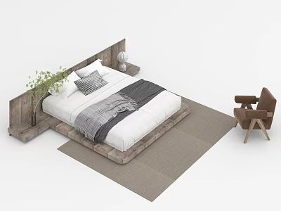 Double Bed with Wooden Headboard White Sheets Gray Blanket Pillows Lamp Plant on Gray Rug 3d model