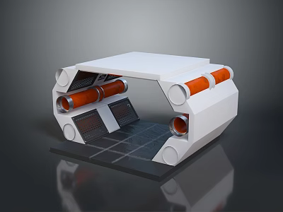 White Cosmic Spacecraft Module With Orange Cylindrical Components And Grid Design 3d model