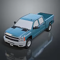 Blue Chevrolet Four Door Pickup Truck With Cargo Bed And Reflective Surface