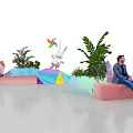 Leisure Space With Colorful Seats Green Plants People Sitting And Decorative Windmill Rabbit Heart Shapes