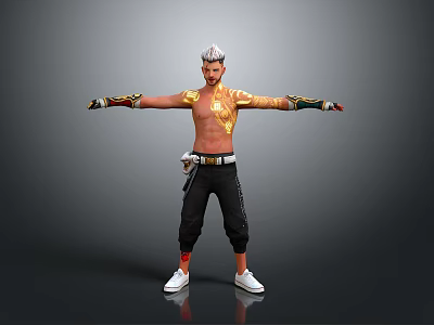 3D Character Model With Short White Hair Bare Chest Golden Patterns Wrist Guards Black Pants 3d model