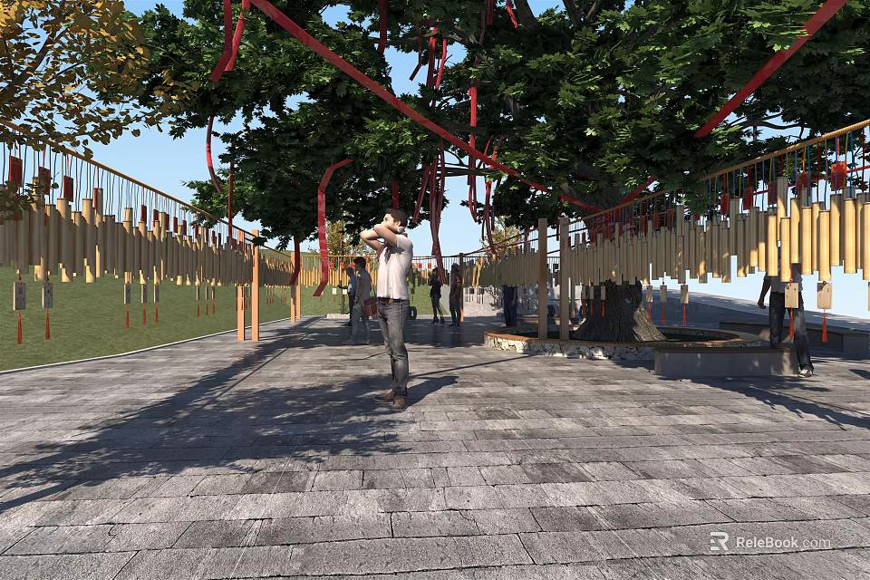 Decorative Hanging Wooden Ornaments With Red Ribbons Under Green Trees In Outdoor Plaza 3d model 