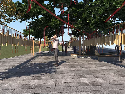 Decorative Hanging Wooden Ornaments With Red Ribbons Under Green Trees In Outdoor Plaza 3d model